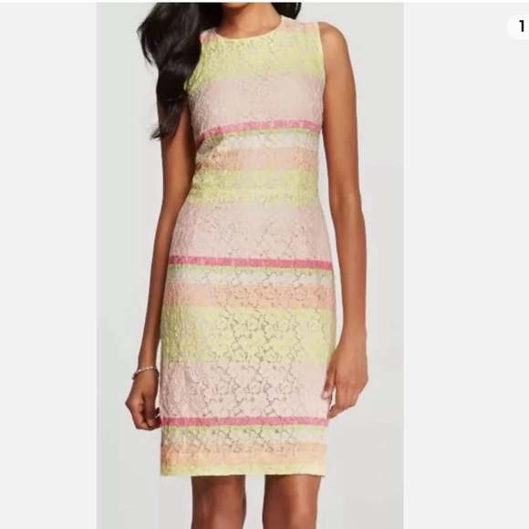 Ann Taylor Dresses & Skirts - ANN TAYLOR Lace Sheath Dress~Pink Yellow Stripe~Sleeveless Lined Midi 10